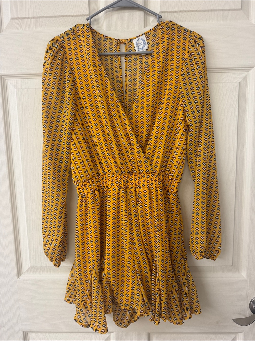 Blue Rain Mustard Yellow Printed Long-Sleeve V-Neck Romper